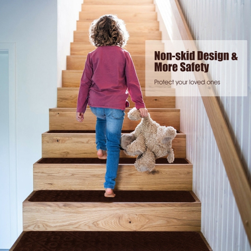 Gymax 15PCS Non-Slip Carpet Stair Treads 30'' x 8'' Mats Indoor for Wooden Steps