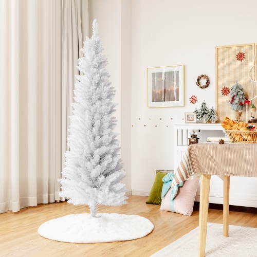 GYMAX  6 Ft Artificial Pencil Christmas Tree Leafy Unlit Slim Xmas Tree In White