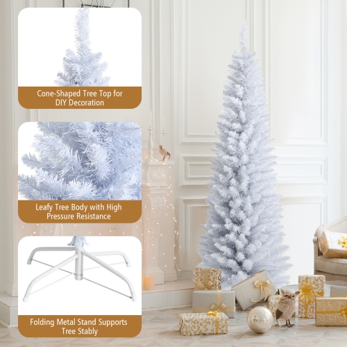 Gymax 6 FT Artificial Pencil White Christmas Tree Leafy Unlit Slim Xmas Tree