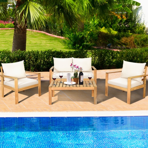 GYMAX  4PCs Patio Acacia Wood Conversation Furniture Set W/ Off Cushions In White