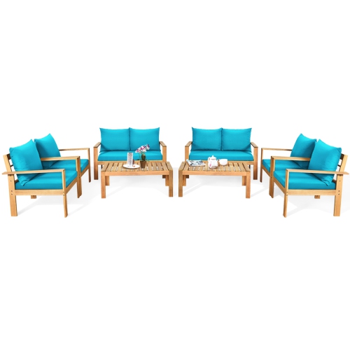 GYMAX  8PCs Patio Acacia Wood Conversation Furniture Set W/ Cushions In Turquoise