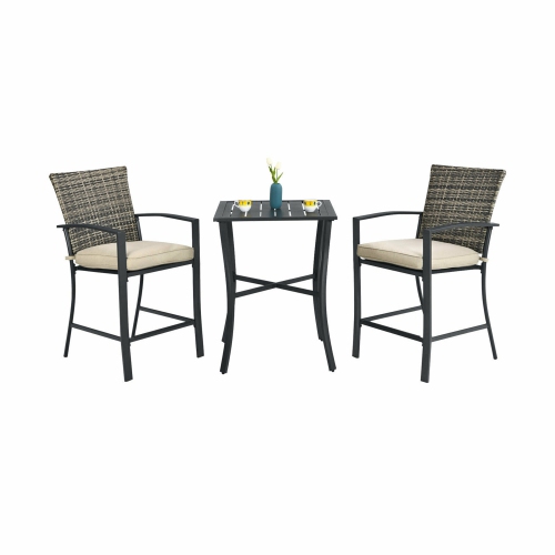 Gymax 3PCS Patio Metal Bar Set Outdoor Conversation Furniture Set w/ Cushions