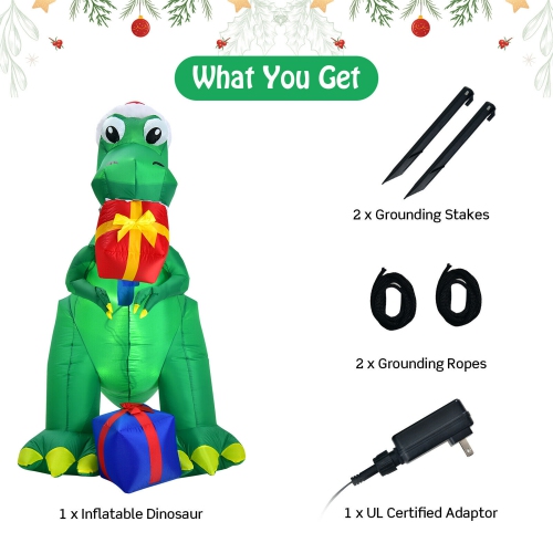 Gymax 6 ft Inflatable Christmas Dinosaur Blow Up Xmas Decor w/ Built-in LED Lights