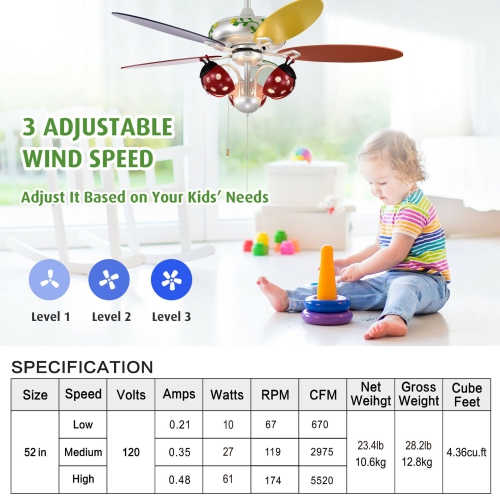 Gymax 52'' Ceiling Fan with Light Kids Fan Light w/Pull Chain Control Beetle Multicolor