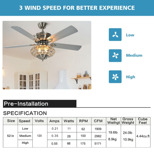 Gymax 52'' Ceiling Fan with Light Nickel Plated Color Wooden Blades w/Remote Control