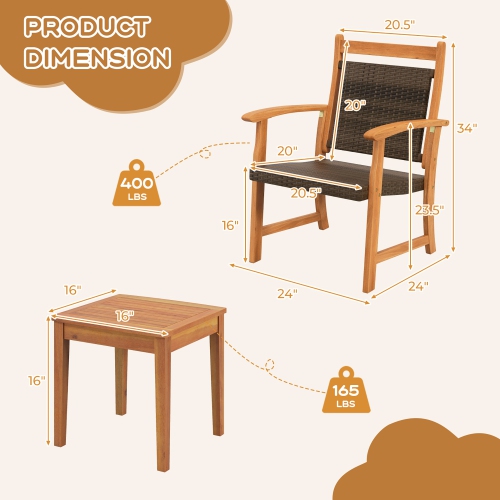 Gymax 3 Piece Brown Wicker Bistro Set Patio Chair Set of 2 w/ Acacia Wood Side Table