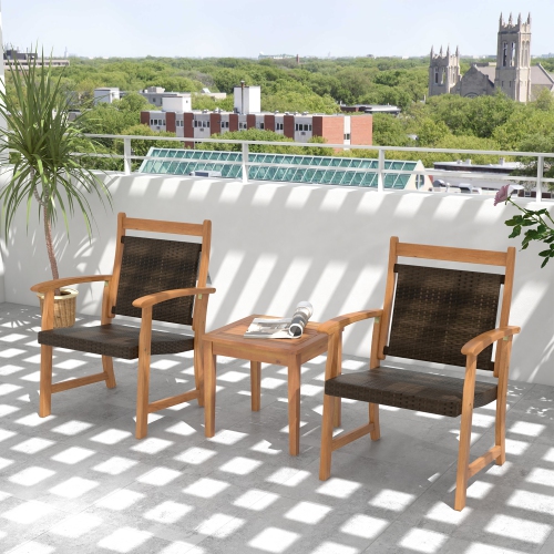 Gymax 3 Piece Brown Wicker Bistro Set Patio Chair Set of 2 w/ Acacia Wood Side Table