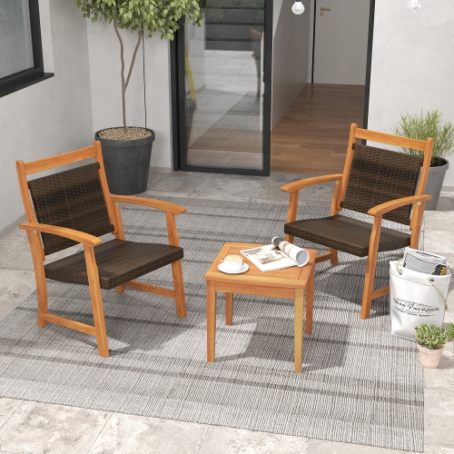 Gymax 3 Piece Brown Wicker Bistro Set Patio Chair Set of 2 w/ Acacia Wood Side Table