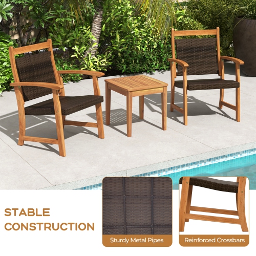 Gymax 3 Piece Brown Wicker Bistro Set Patio Chair Set of 2 w/ Acacia Wood Side Table
