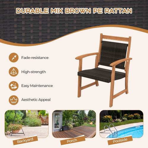 Gymax 3 Piece Brown Wicker Bistro Set Patio Chair Set of 2 w/ Acacia Wood Side Table