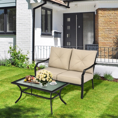 Gymax 2PCS Outdoor Loveseat Set Cushioned Patio Bench Sofa w/ Coffee Table