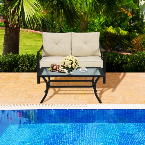 Gymax 2PCS Outdoor Loveseat Set Cushioned Patio Bench Sofa w/ Coffee Table
