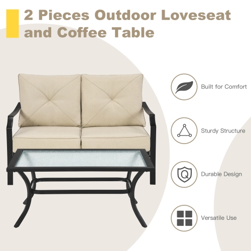 Gymax 2PCS Outdoor Loveseat Set Cushioned Patio Bench Sofa w/ Coffee Table