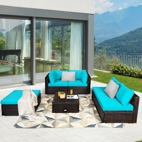 GYMAX  6PCs Rattan Patio Sectional Sofa Set Outdoor Furniture Set W/ Cushions In Turquoise