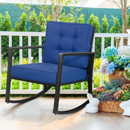 GYMAX  Outdoor Wicker Rocking Chair Patio Lawn Rattan Single Chair Glider W/ Cushion In Navy