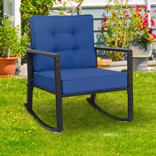 Gymax Outdoor Wicker Rocking Chair Patio Lawn Rattan Single Chair Glider w/ Navy Cushion