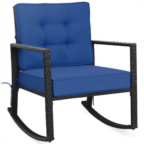 Gymax Outdoor Wicker Rocking Chair Patio Lawn Rattan Single Chair Glider w/ Navy Cushion