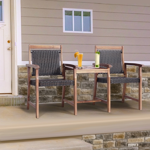 Gymax Patio Acacia Wood Conversation Companion Bench Loveseat Chair with Side Table