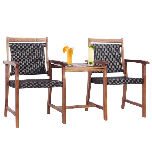 Gymax Patio Acacia Wood Conversation Companion Bench Loveseat Chair with Side Table