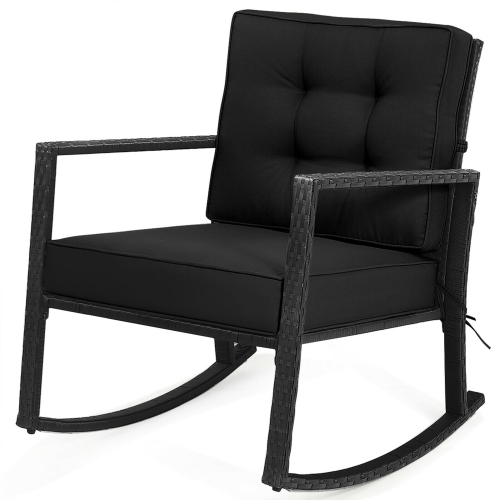 Gymax Outdoor Wicker Rocking Chair Patio Lawn Rattan Single Chair Glider w/ Black Cushion