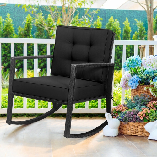 Gymax 2PCS Outdoor Wicker Rocking Chair Patio Rattan Single Chair Glider w/ Black Cushion