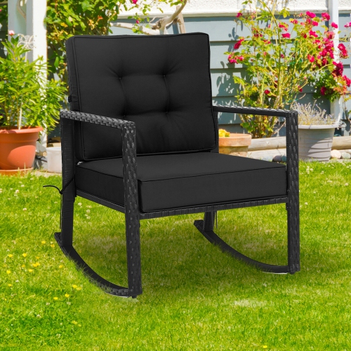 Gymax 2PCS Outdoor Wicker Rocking Chair Patio Rattan Single Chair Glider w/ Black Cushion