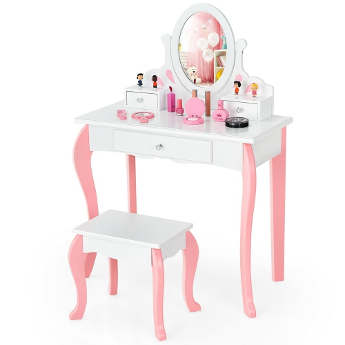 GYMAX  Kids Vanity Princess Makeup Dressing Table Stool Set W/ Mirror Drawer