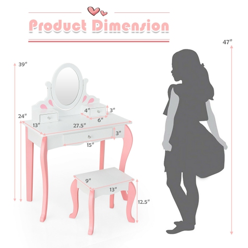 Gymax Kids Vanity Princess Makeup Dressing Table Stool Set W/ Mirror Drawer