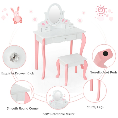 Gymax Kids Vanity Princess Makeup Dressing Table Stool Set W/ Mirror Drawer