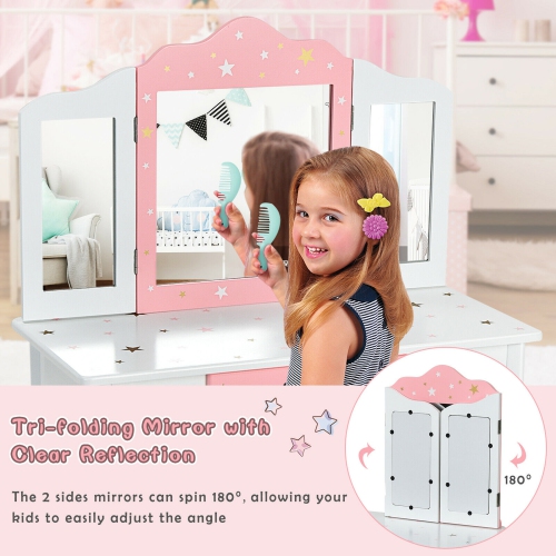Gymax Kids Vanity Princess Makeup Dressing Table Chair Set W/ Tri-folding Mirror