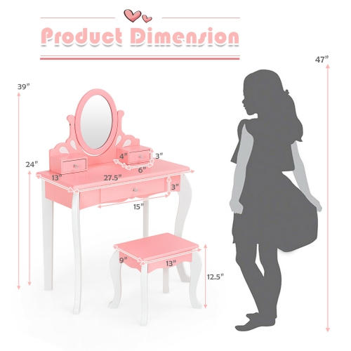 Gymax Kids Vanity Princess Makeup Dressing Table Stool Set W/ Mirror Drawer