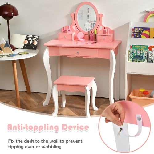 Gymax Kids Vanity Princess Makeup Dressing Table Stool Set W/ Mirror Drawer