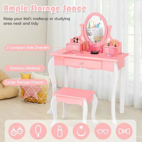 Gymax Kids Vanity Princess Makeup Dressing Table Stool Set W/ Mirror Drawer