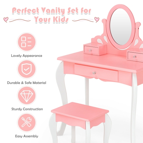 Gymax Kids Vanity Princess Makeup Dressing Table Stool Set W/ Mirror Drawer