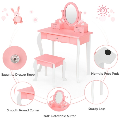 Gymax Kids Vanity Princess Makeup Dressing Table Stool Set W/ Mirror Drawer