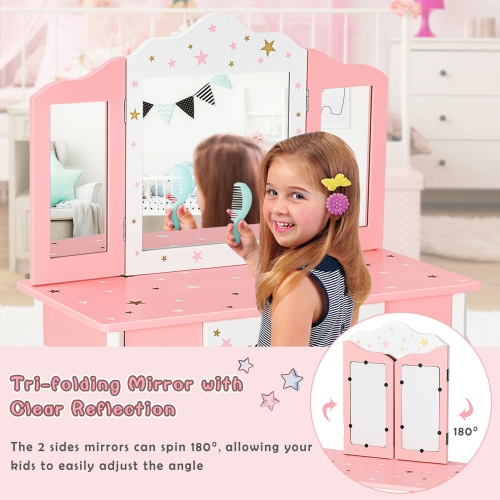 Gymax Kids Vanity Princess Makeup Dressing Table Chair Set W/ Tri-folding Mirror