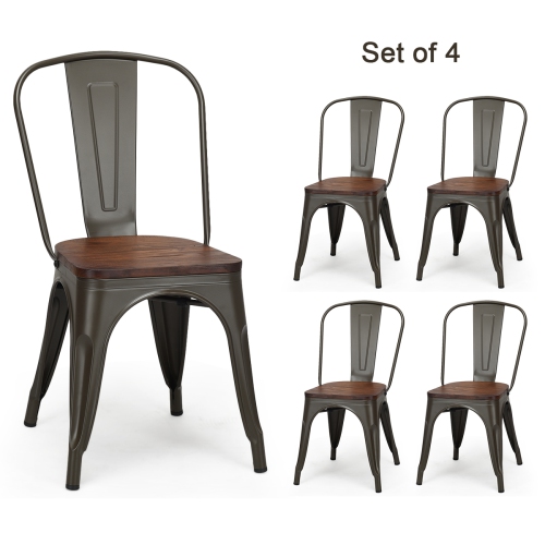 TOPBUY  Set Of 4 Metal Dining Side Chair Wood Seat Stackable Bistro Cafe New