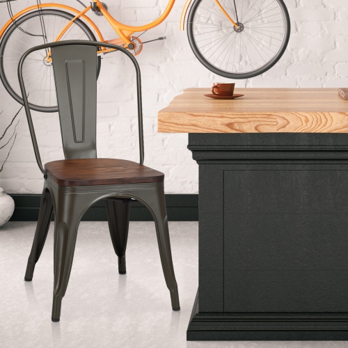 Topbuy Set of 4 Metal Dining Side Chair Wood Seat Stackable Bistro Cafe New