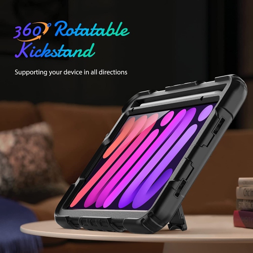 navor Rugged Cover with Screen Protection for iPad Mini 6th Gen 8.3" Rotatable Kickstand Shoulder & Hand Strap Shockproof Heavy Duty Protective Case