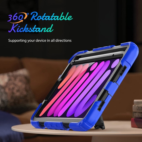 navor Rugged Cover with Screen Protection for iPad Mini 6th Gen 8.3" Rotatable Kickstand Shoulder & Hand Strap Shockproof Heavy Duty Protective Case