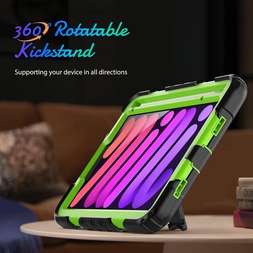 navor Rugged Cover with Screen Protection for iPad Mini 6th Gen 8.3" Rotatable Kickstand Shoulder & Hand Strap Shockproof Heavy Duty Protective Case