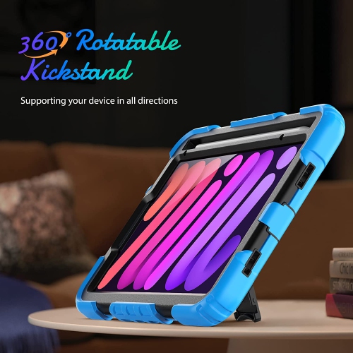navor Rugged Cover with Screen Protection for iPad Mini 6th Gen 8.3" Rotatable Kickstand Shoulder & Hand Strap Shockproof Heavy Duty Protective Case