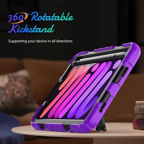navor Rugged Cover with Screen Protection for iPad Mini 6th Gen 8.3" Rotatable Kickstand Shoulder & Hand Strap Shockproof Heavy Duty Protective Case