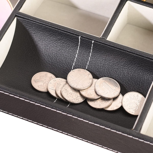Arolly Black Leatherette Valet Tray Dresser for Phone, Coins, Watches, Jewelry, Keys and Other Accessories, 6 Compartments Desk Organizer Box [Black]