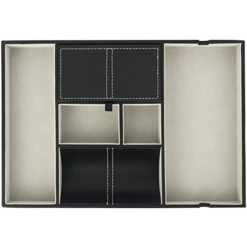 Arolly Black Leatherette Valet Tray Dresser for Phone, Coins, Watches, Jewelry, Keys and Other Accessories, 6 Compartments Desk Organizer Box [Black]