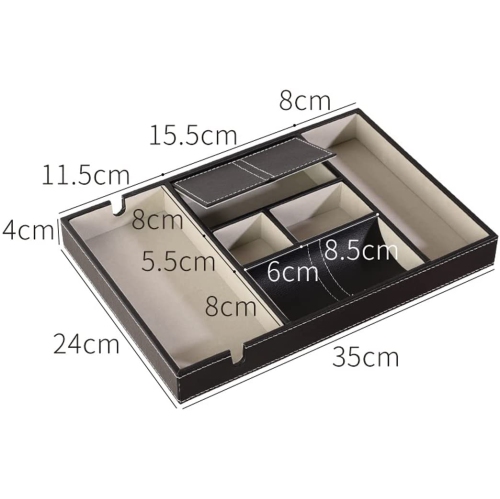 Arolly Black Leatherette Valet Tray Dresser for Phone, Coins, Watches, Jewelry, Keys and Other Accessories, 6 Compartments Desk Organizer Box [Black]