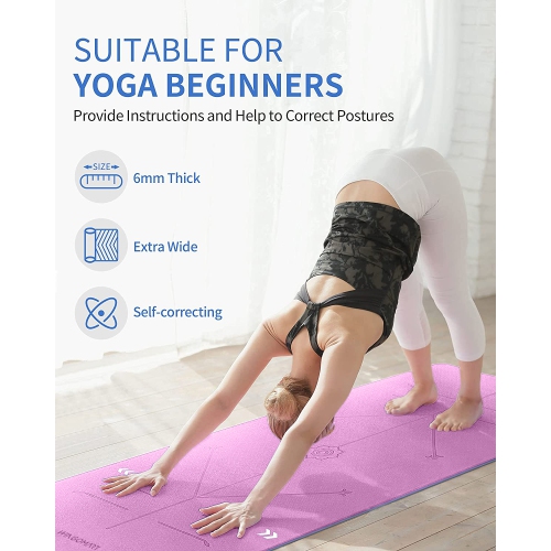 Yoga Mat with Alignment Lines TPE Two Sides Anti-Tear Mat Non-Slip Large Fitness Mat for Gym Pilates Floor Exercises Stretching 73"x32"x1/4" PINK