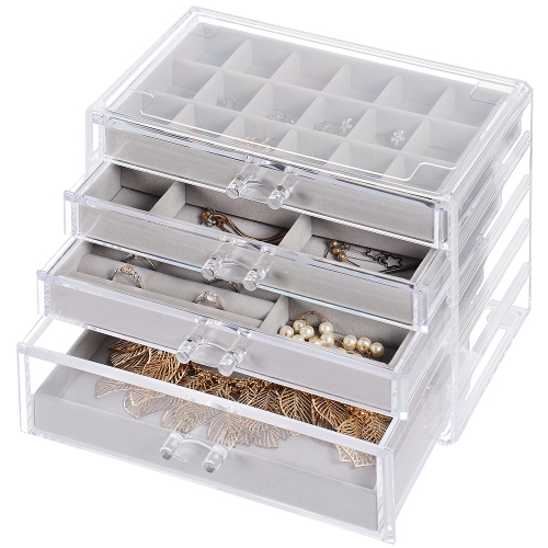 Boîte à bijoux à tiroirs en acrylique pour femmes, organisateur de bijoux en velours à 4 tiroirs, vitrine à bijoux transparente pour cadeau d'anniver