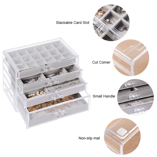 4 Drawer Clear Acrylic Drawer Jewelry Box, Velvet Jewellery Organizer Display Case For Christmas Birthday Gift