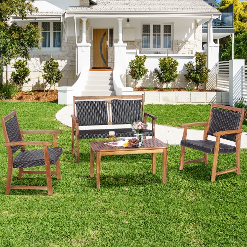 COSTWAY  4 PCs Patio Rattan Furniture Set Acacia Wood Frame Sofa Loveseat Garden